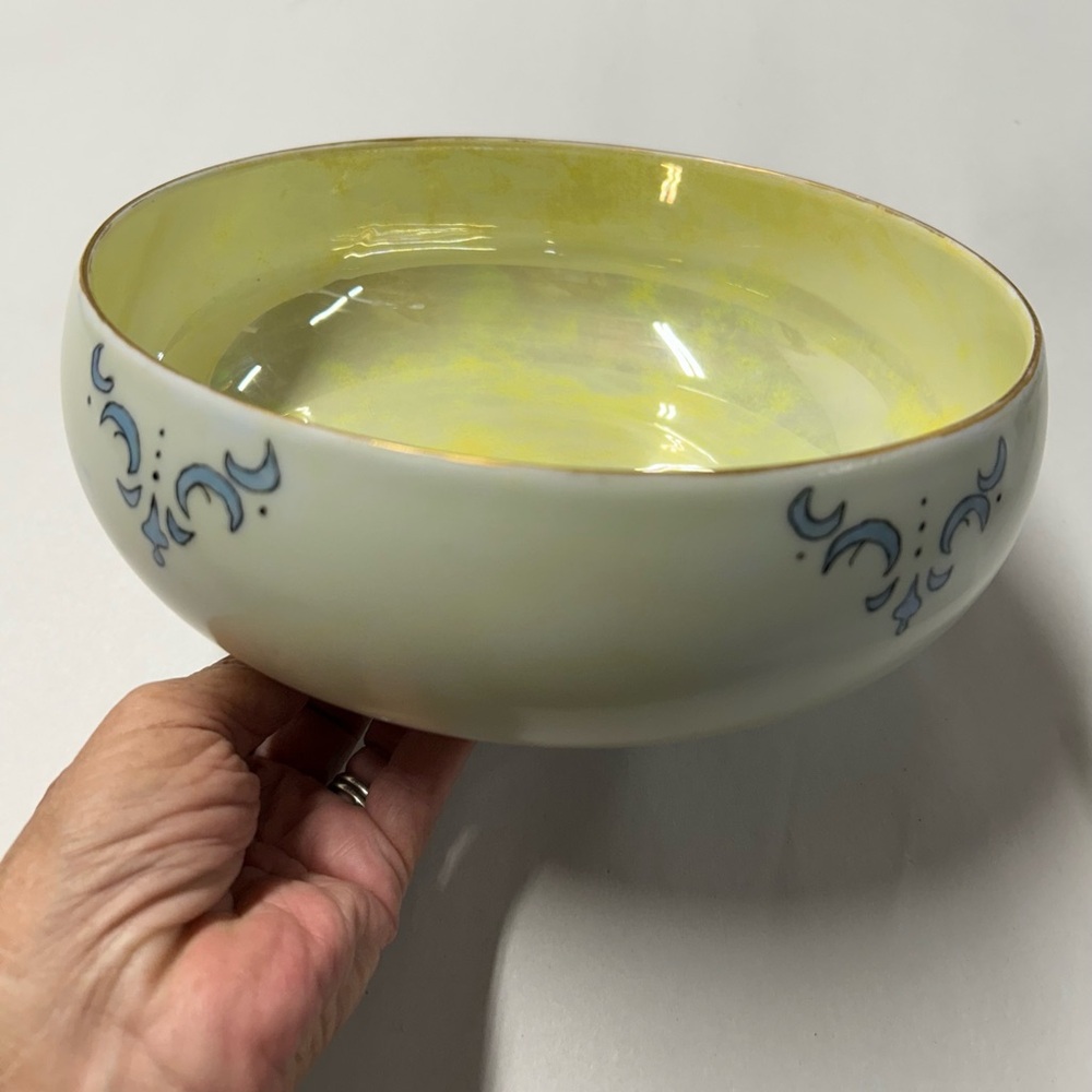 Vintage Lustreware bowl pale yellow/ blue moon designs 8 1/2” round